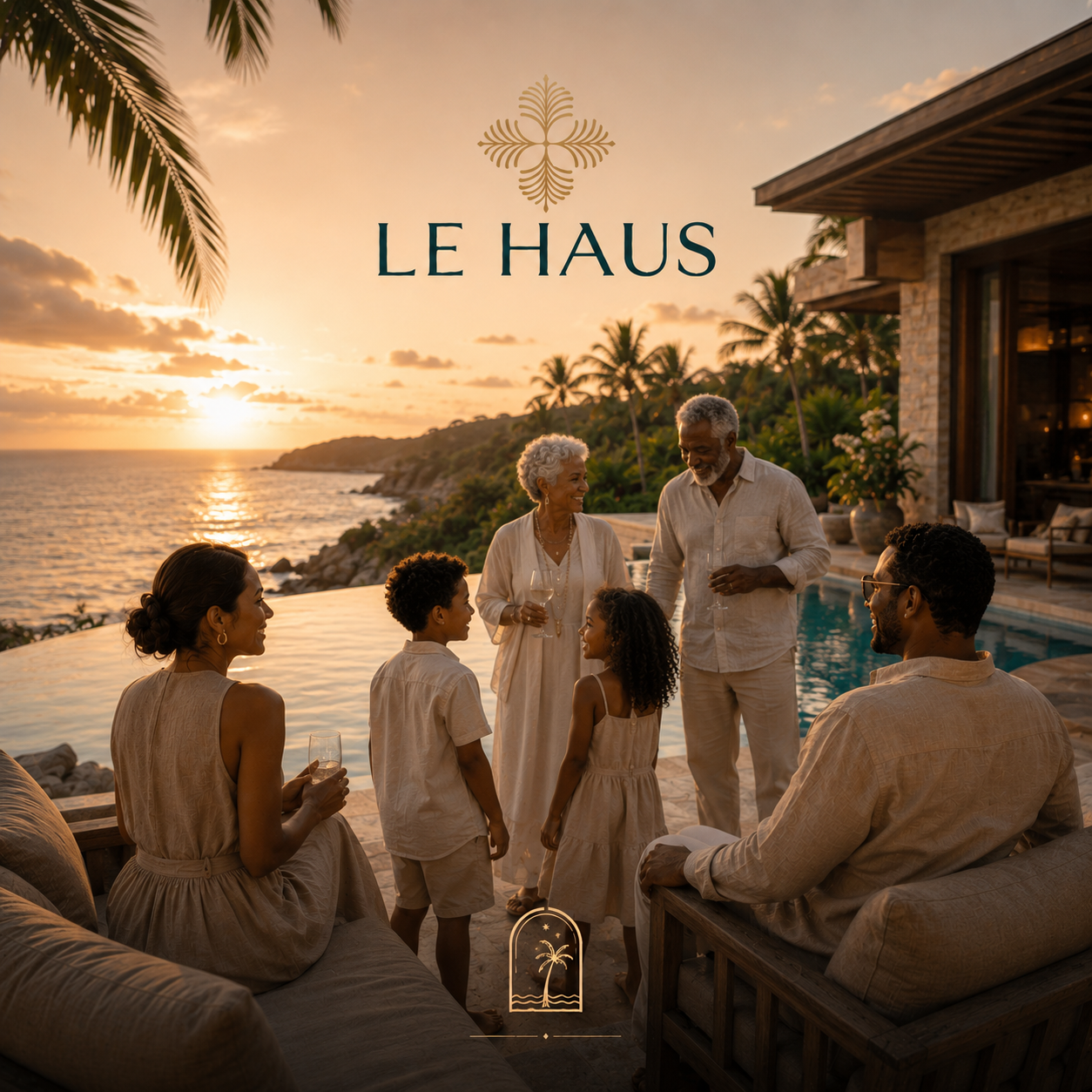 Group of six people, including elderly and children, enjoying sunset by a pool at a tropical villa, with palm trees and ocean in the background.