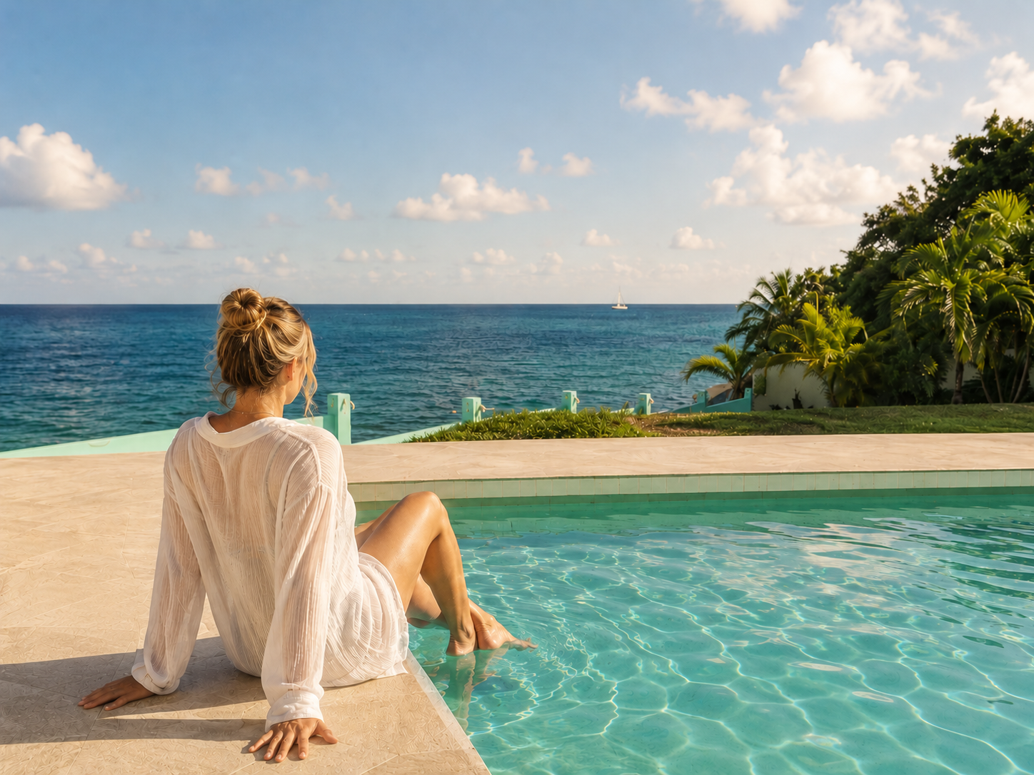 Woman sitting by a swimming pool overlooking the ocean on a sunny day, with a sailboat in the distance and palm trees on the right.