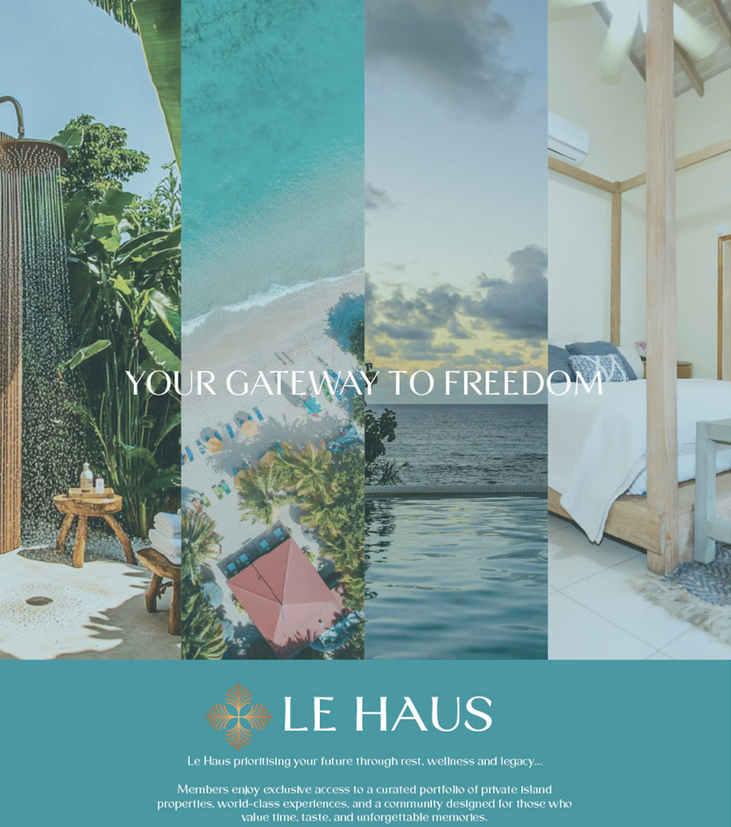 A promotional brochure for Le Haus, displaying images of an outdoor shower, beach, ocean, and a bedroom, with the tagline "Your Gateway to Freedom".