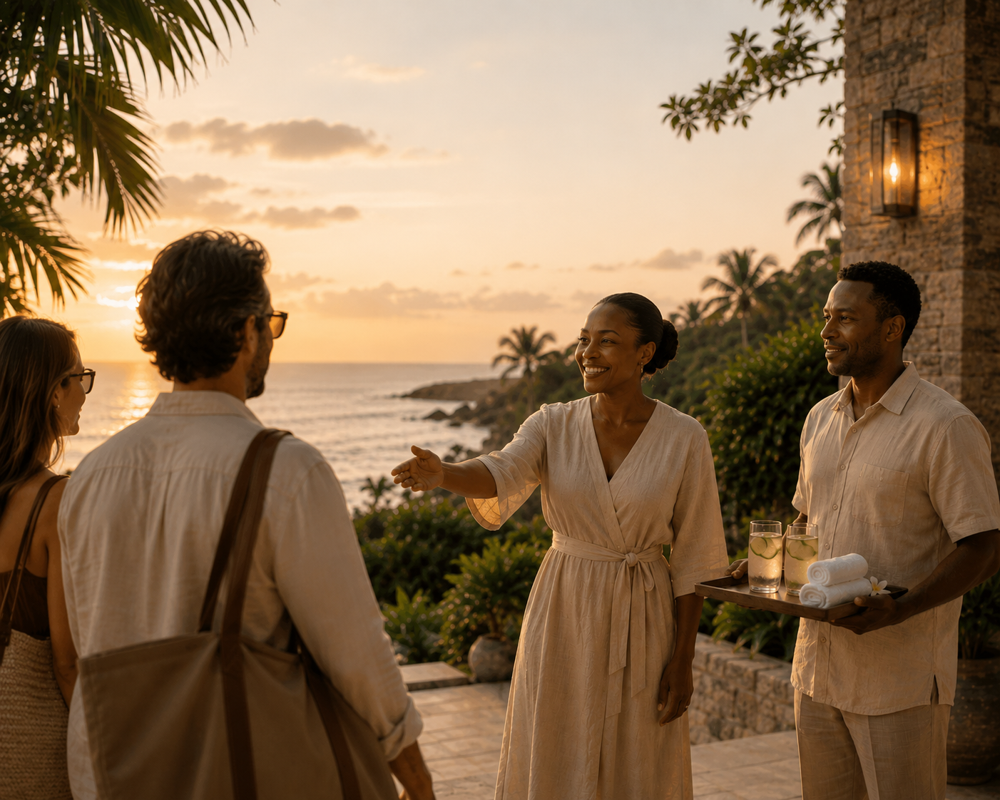 A group of people at a tropical outdoor gathering during sunset, with a woman smiling and gesturing as a man holds a tray with drinks and towels.