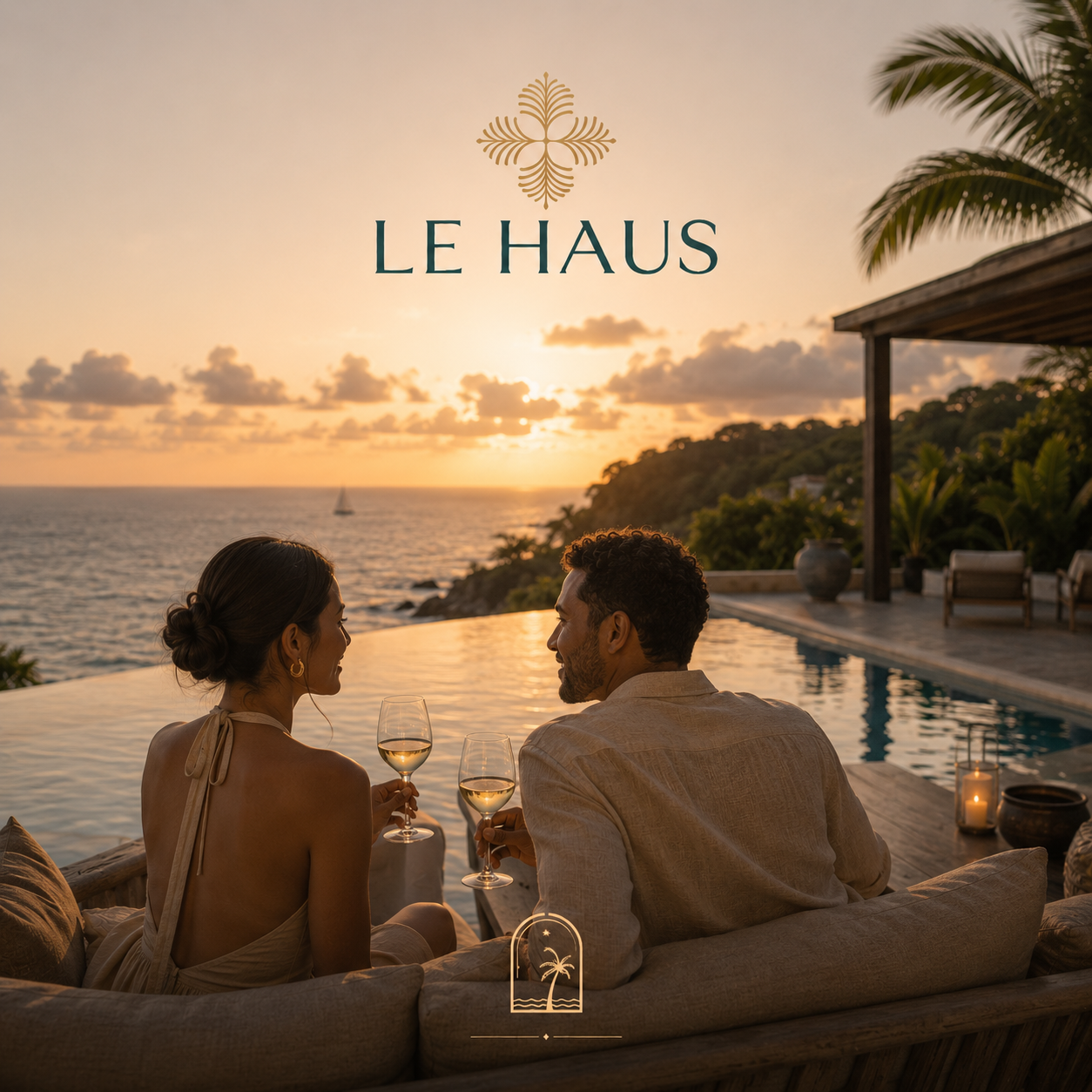A couple sitting by a pool with a sunset ocean view, holding glasses of white wine, in a tropical resort setting, with the text 'Le Haus' above.