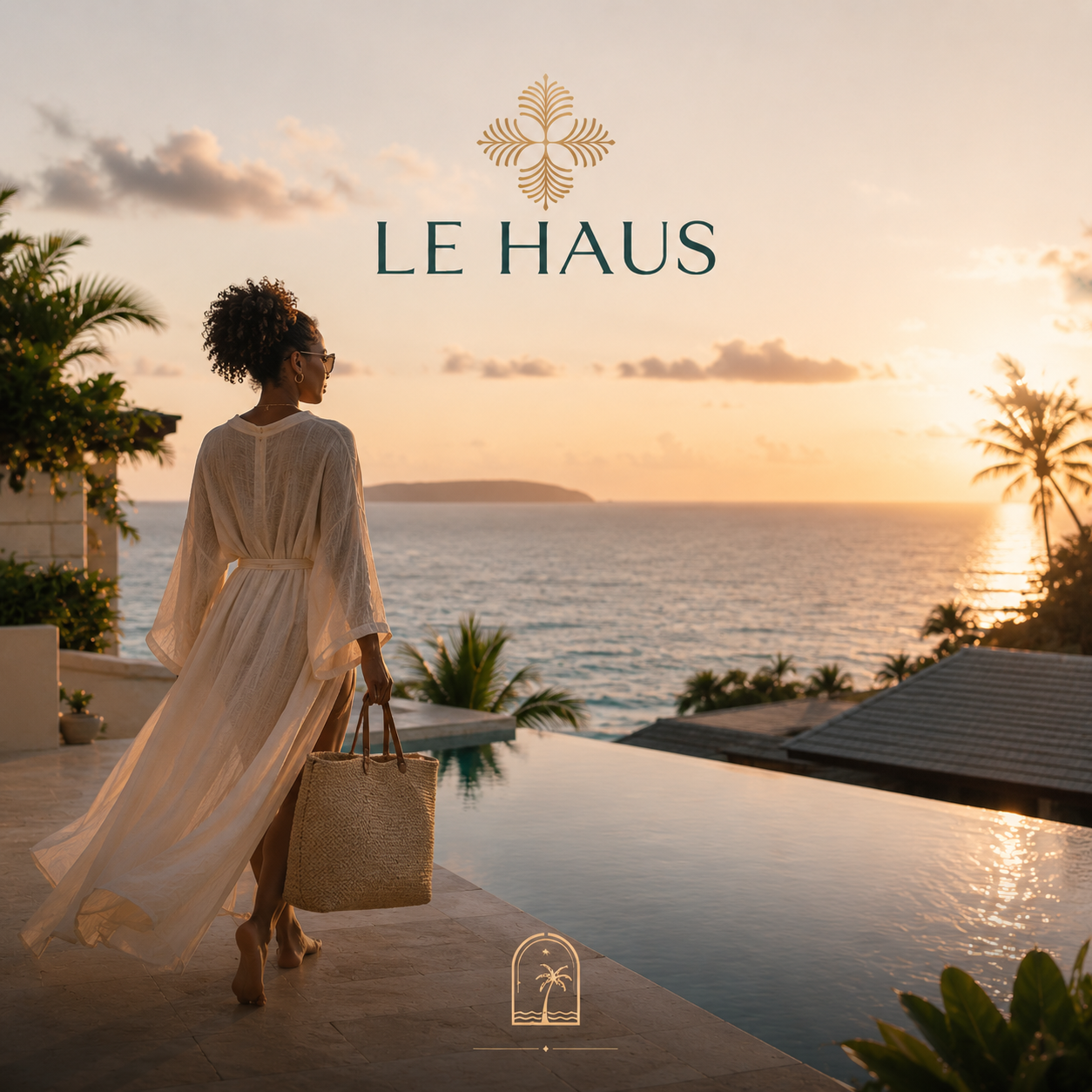 A woman in a white dress holding a straw bag walks along a terrace by an infinity pool overlooking the ocean during sunset, with palm trees and a distant island in the background, overlaid with the text "LE HAUS" and a decorative logo.
