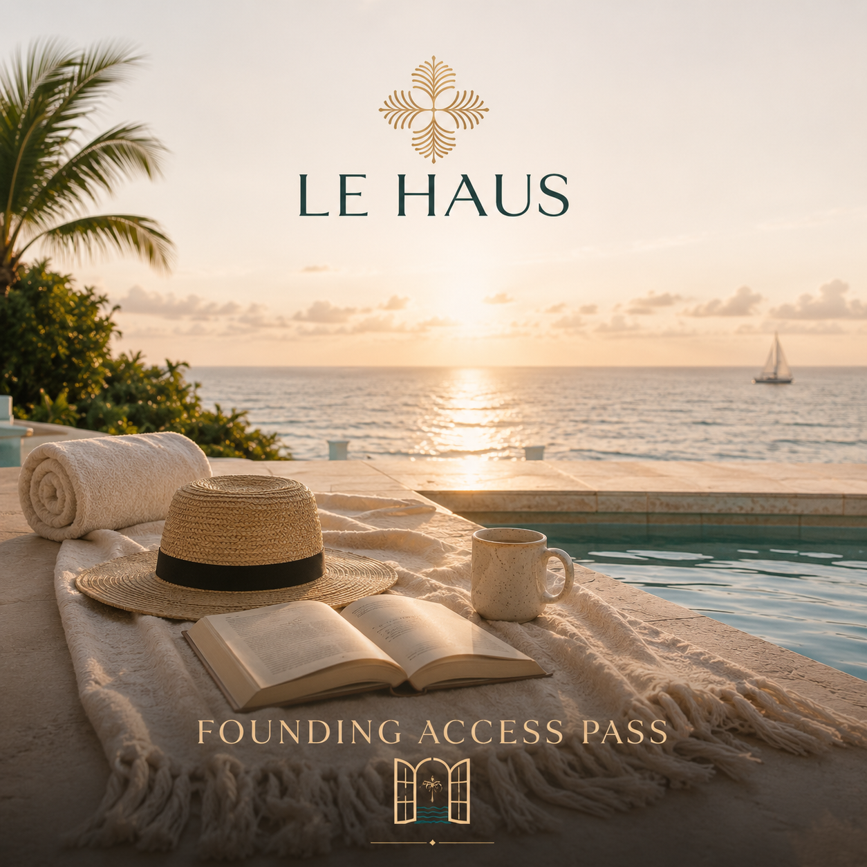 Sunset view of an ocean with sailboat, palm tree, and poolside with towel, hat, book, and mug, promoting Le Haus founding access pass.