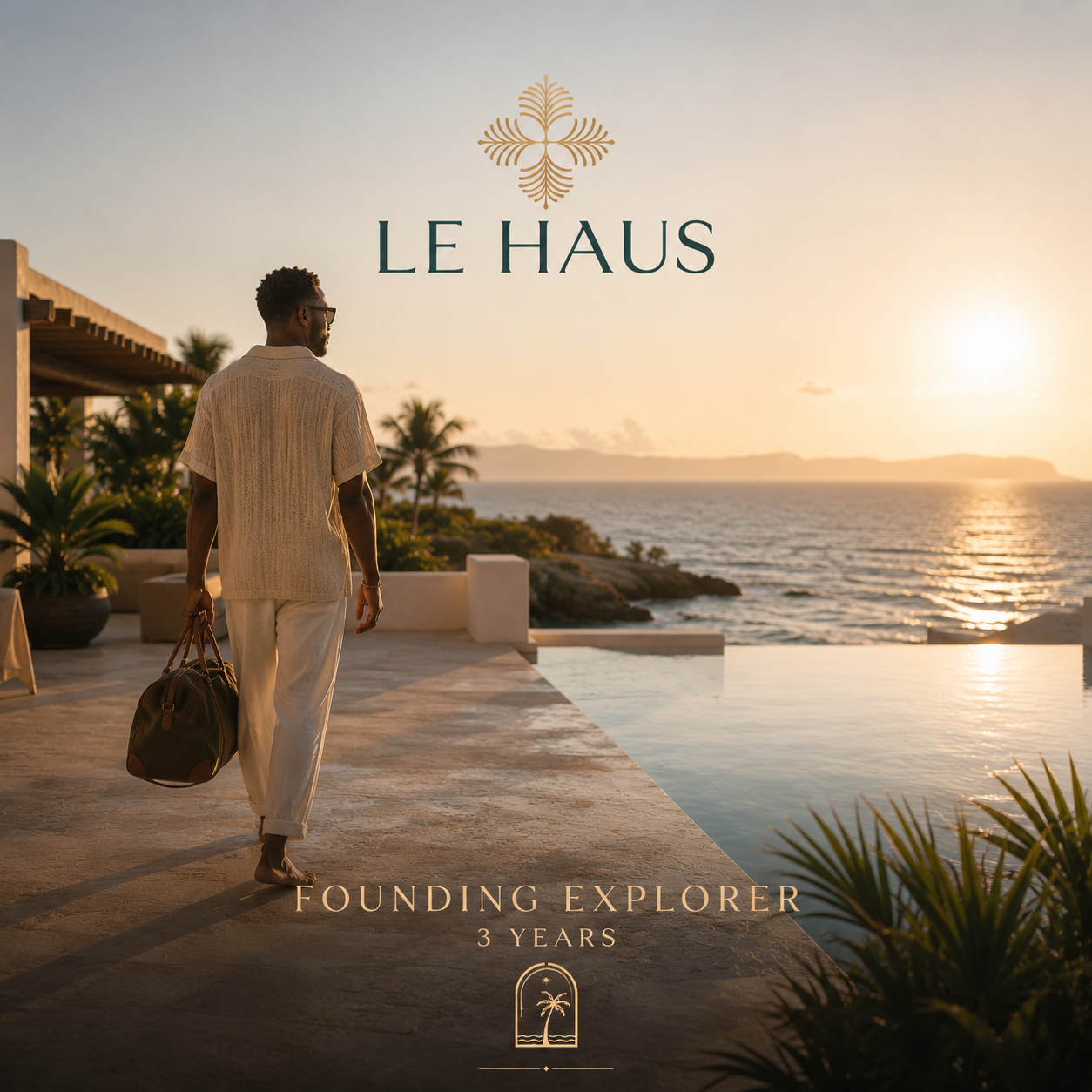 A man walks along a patio overlooking the ocean at sunset, carrying a duffel bag. Text on the image says 'Le Haus, Founding Explorer, 3 Years' with a palm tree logo.