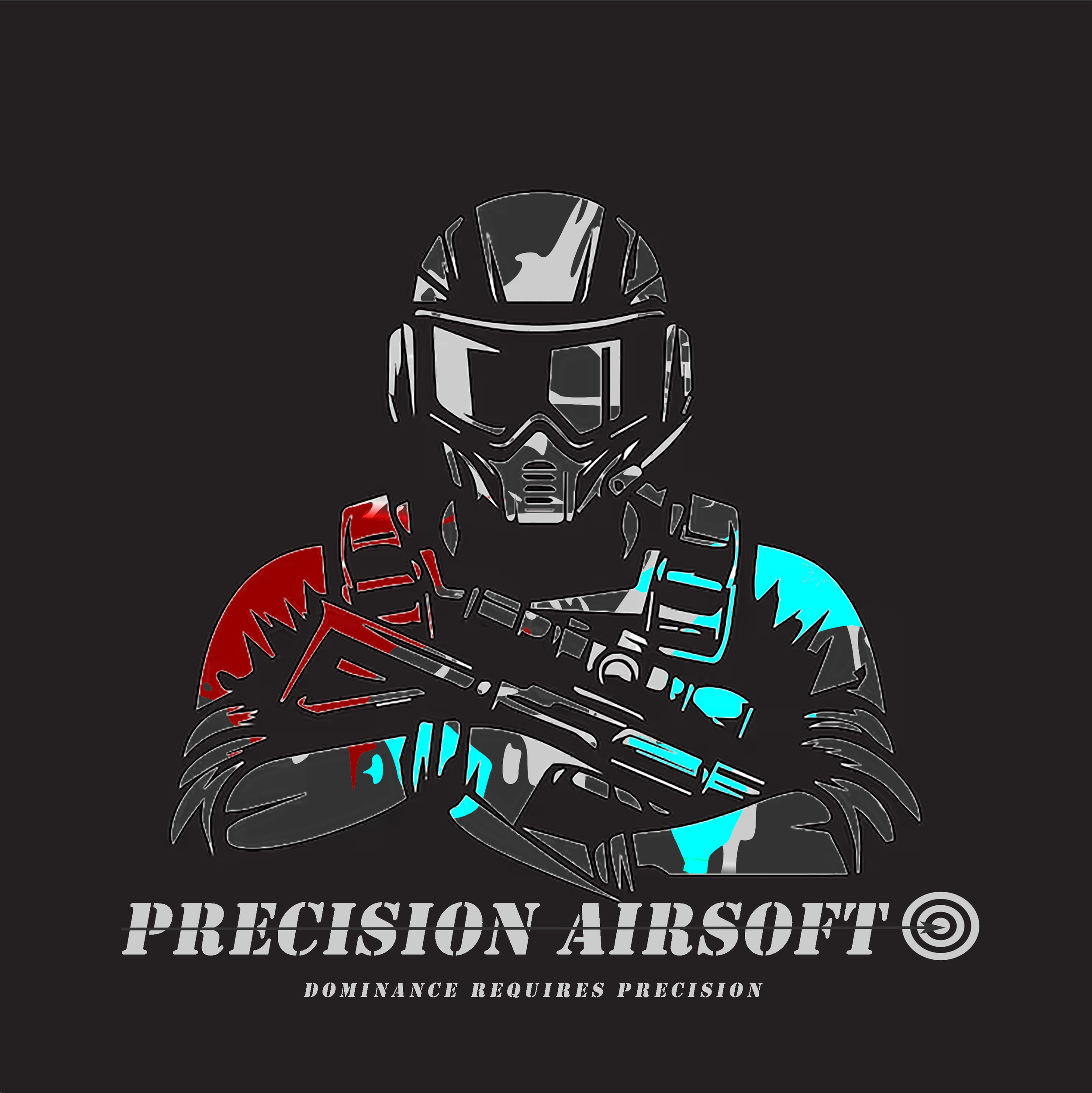 Stylized illustration of a Mandalorian helmet from Star Wars, with overlay text reading 'Precision Airsoft' and slogan 'Dominate Requires Precision' on a black background.