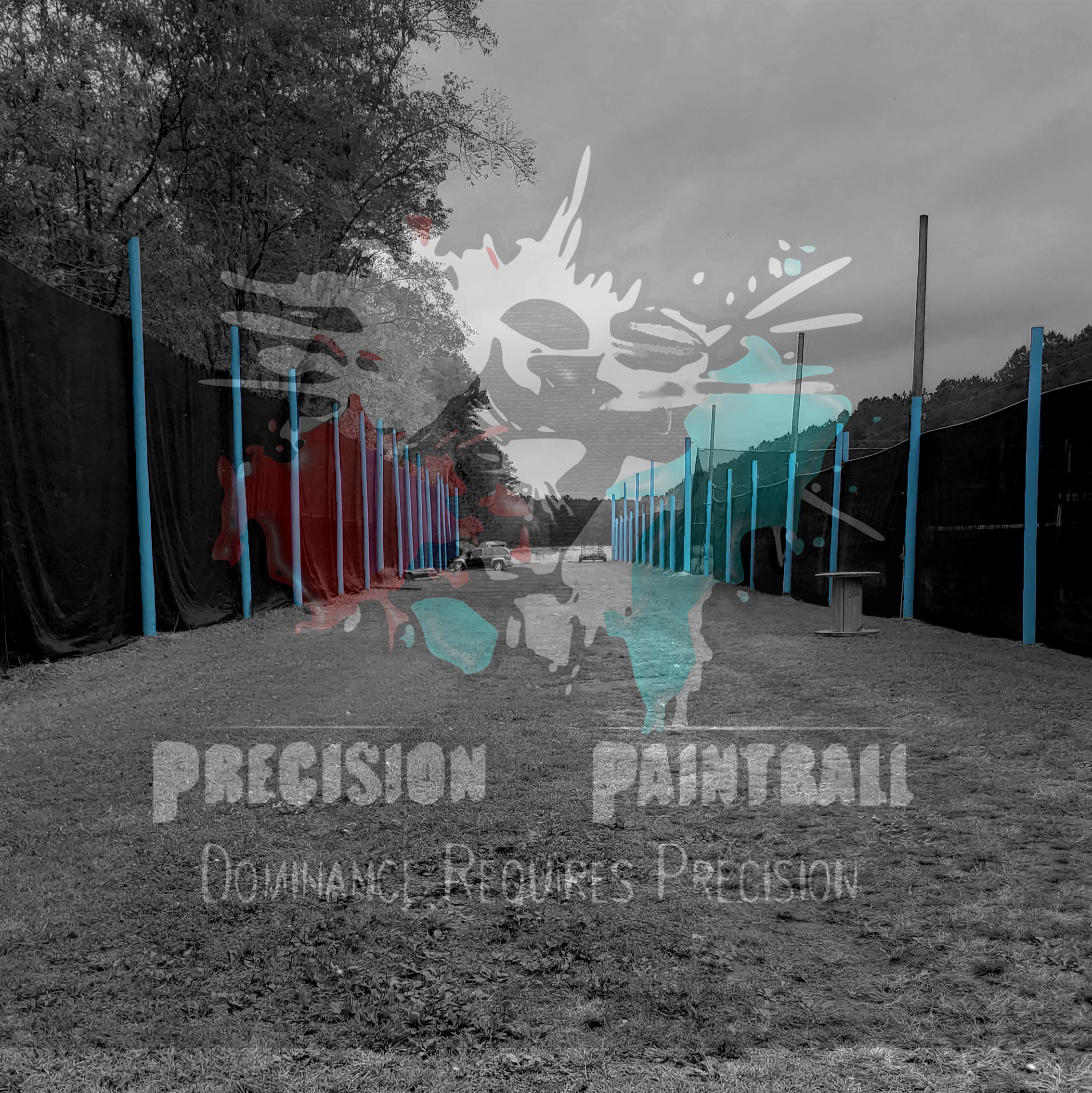 Outdoor paintball field with black fencing, blue poles, and gravel ground, overlaid with a transparent paintball logo and the words 'Precision Paintball' and 'Odyssey Resources Precision'.