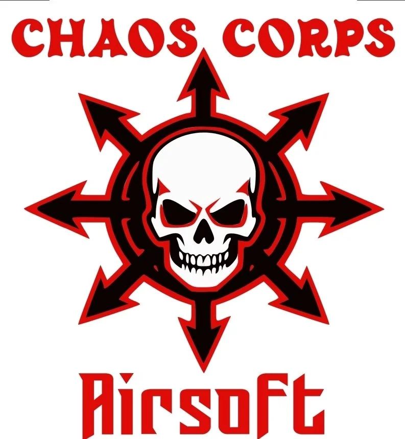 A logo featuring a skull with black eye sockets and nose, surrounded by a black and red circled compass-like design with arrows pointing outward, above the text 'Chaos Corps' and below the text 'Airsoft' in bold red letters.