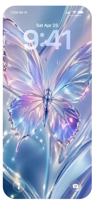 Smartphone lock screen displaying a butterfly with iridescent colors, the date April 25, and the time 9:41.