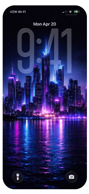 Smartphone screen with a city skyline at night and reflected lights on the water, showing the time 9:41 and the date Monday, April 20.