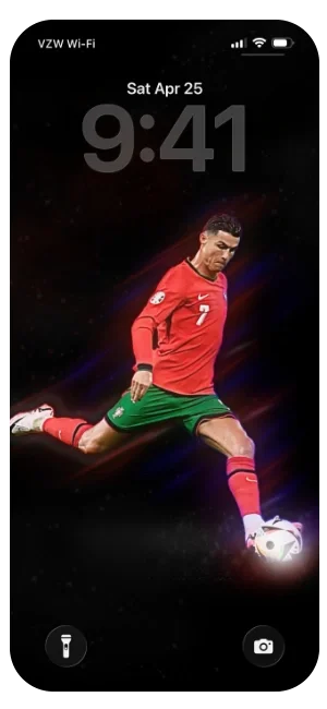 Smartphone home screen displaying time 9:41, date Saturday, April 25, with an animated background of a soccer player in a red jersey kicking a ball.