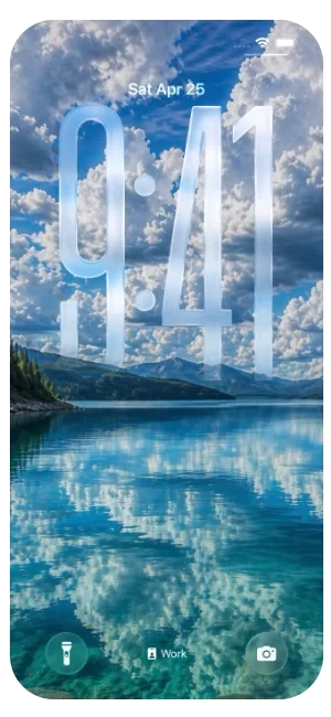 A mobile phone screen displaying the time 9:41, date Saturday, April 25, with a background of a lake and sky with clouds.