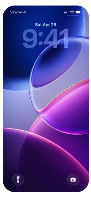 An iPhone home screen displaying the date and time, with a wallpaper featuring abstract purple and blue shapes.