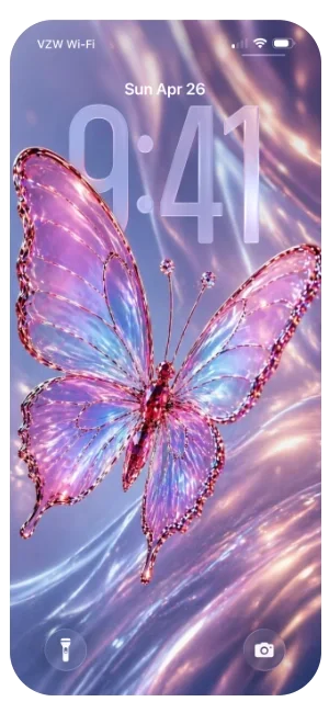 Smartphone lock screen displaying a butterfly wallpaper with pink and blue hues, showing the time as 9:41, the date as Sunday, April 26, and Wi-Fi signal at the top.