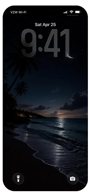 iPhone lock screen displaying the date and time as Saturday, April 25 at 9:41, with a background image of a beach at night, palm trees, and an ocean.