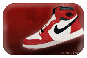 A red and white Nike Air Jordan 1 Chicago sneaker with black accents, next to its red shoe box. Michael Jordan, OLED, Vivid Color