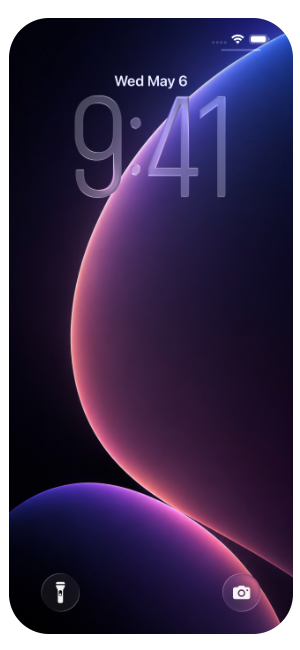 Close-up of a smartphone screen showing the date as Wednesday, May 6, and the time as 9:41, with a dark and colorful abstract background.