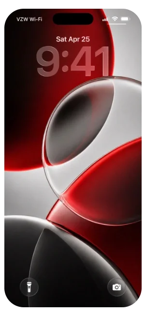 Smartphone displaying the date Saturday, April 25, and the time 9:41, with a red and white abstract background.