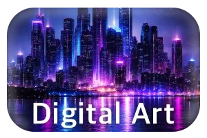 Night city skyline with towering futuristic buildings illuminated in purple and blue lights, over a body of water reflecting the lights, with the words 'Digital Art' at the bottom.