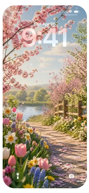 Springtime scene with blooming pink cherry blossoms and colorful flowers along a pond, with a wooden pathway and fence, under a partly cloudy sky.