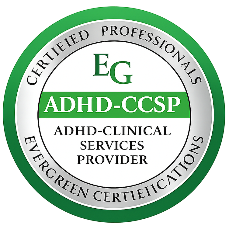 Certified professionals ADHD-CCSP gold seal badge for ADHD clinical services provider from Ever Green Certifications.