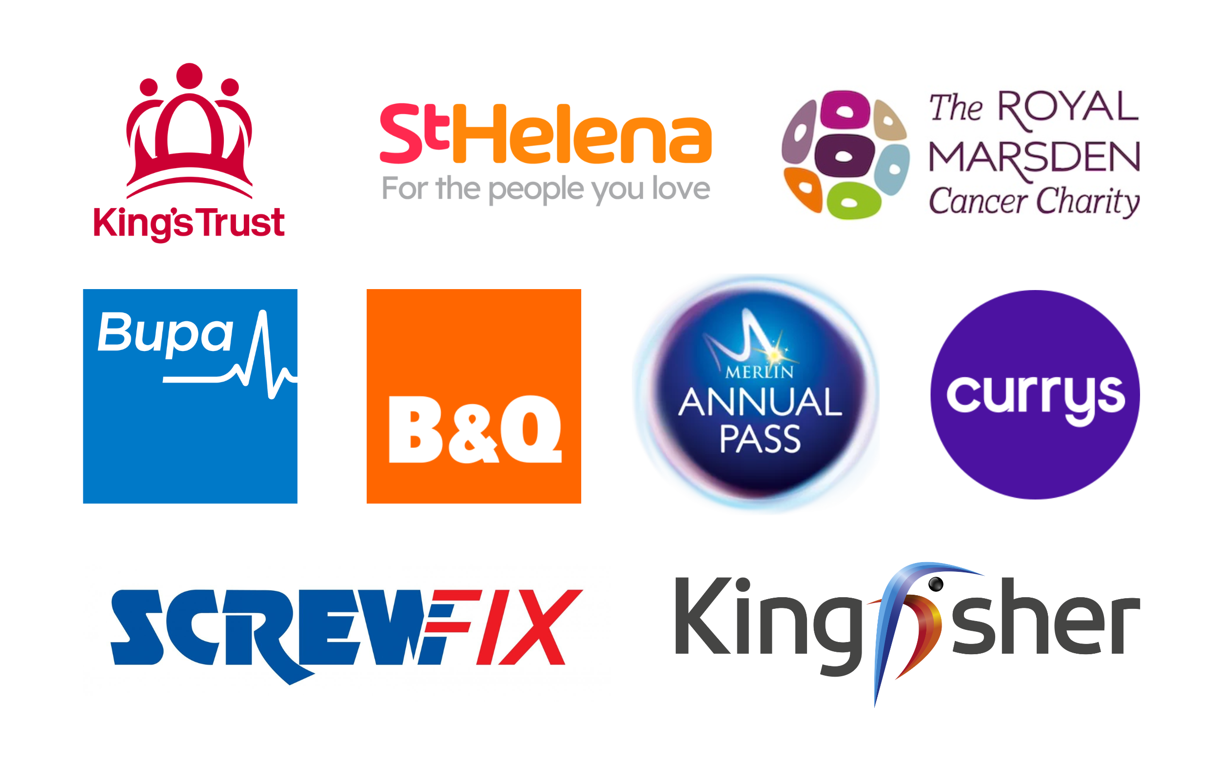 Collection of logos for various organizations and companies, including King's Trust, St Helena, The Royal Marsden Cancer Charity, Bupa, B&Q, Merlin Annual Pass, Currys, Screwfix, and King Kash.