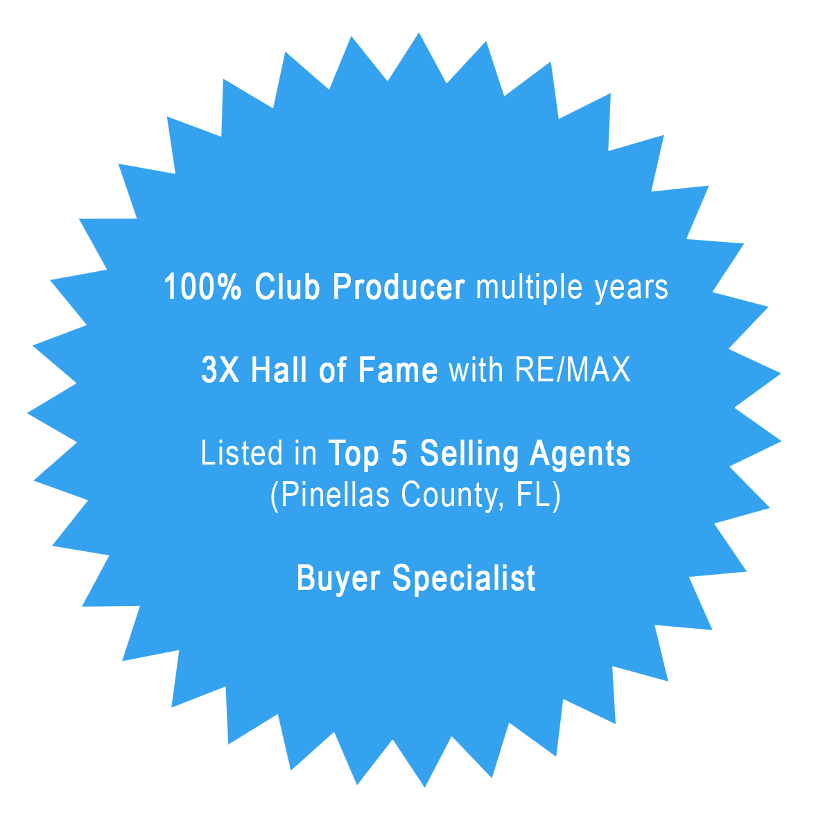 Blue starburst badge with white text highlighting real estate achievements, including multiple years as a 100% club producer, induction into the Hall of Fame with RE/MAX, listing among top 5 selling agents in Pinellas County, FL, and being a buyer specialist.