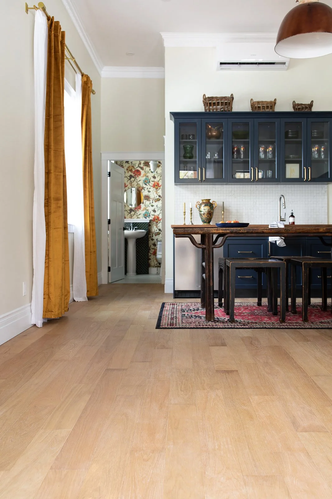 Hardwood flooring kitchen, Oak flooring, marble backsplash, area rugs, custom tile work