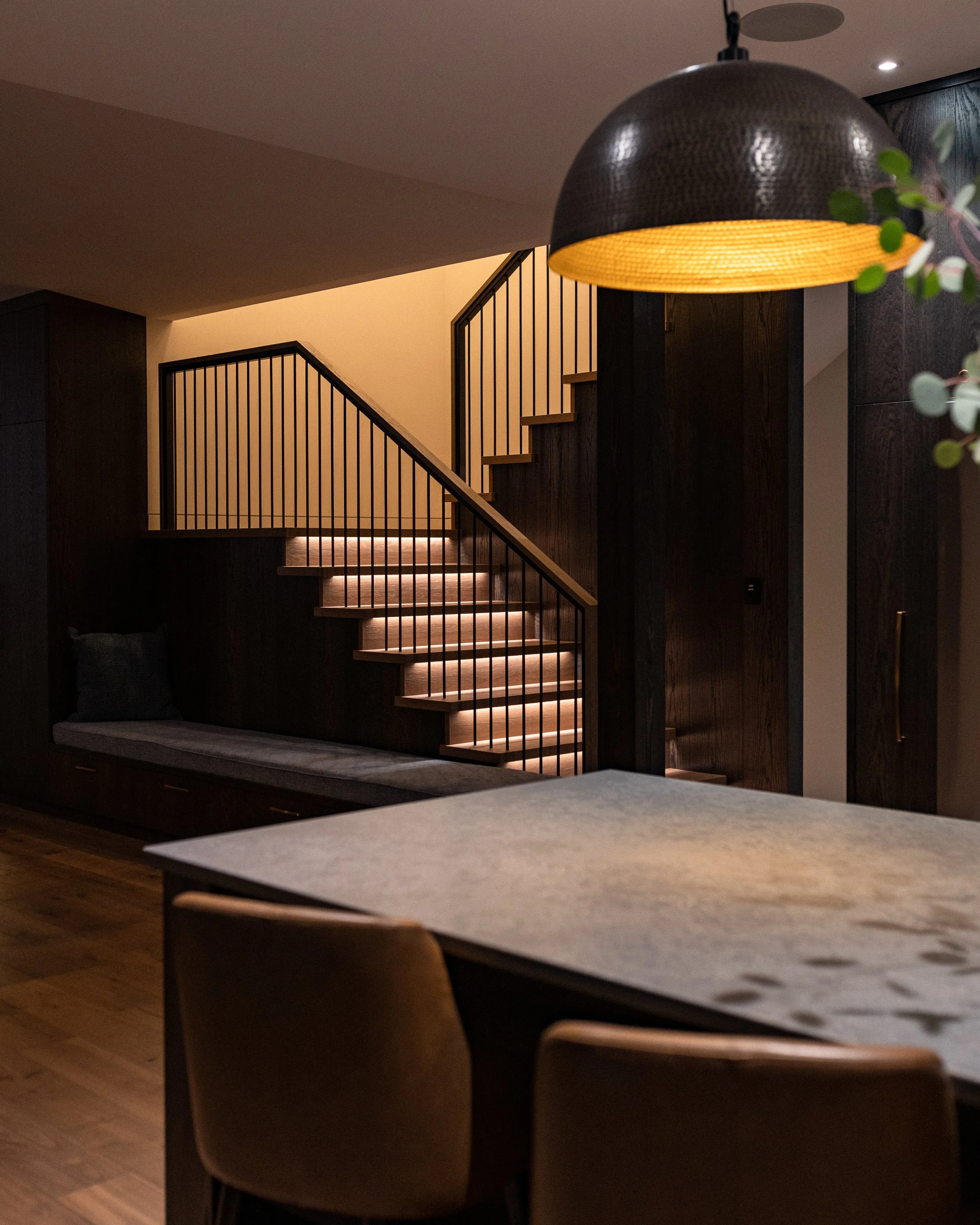 Custom Stairs, best stair company in Nelson BC, stairs with lighting, waterfall railing, interior design