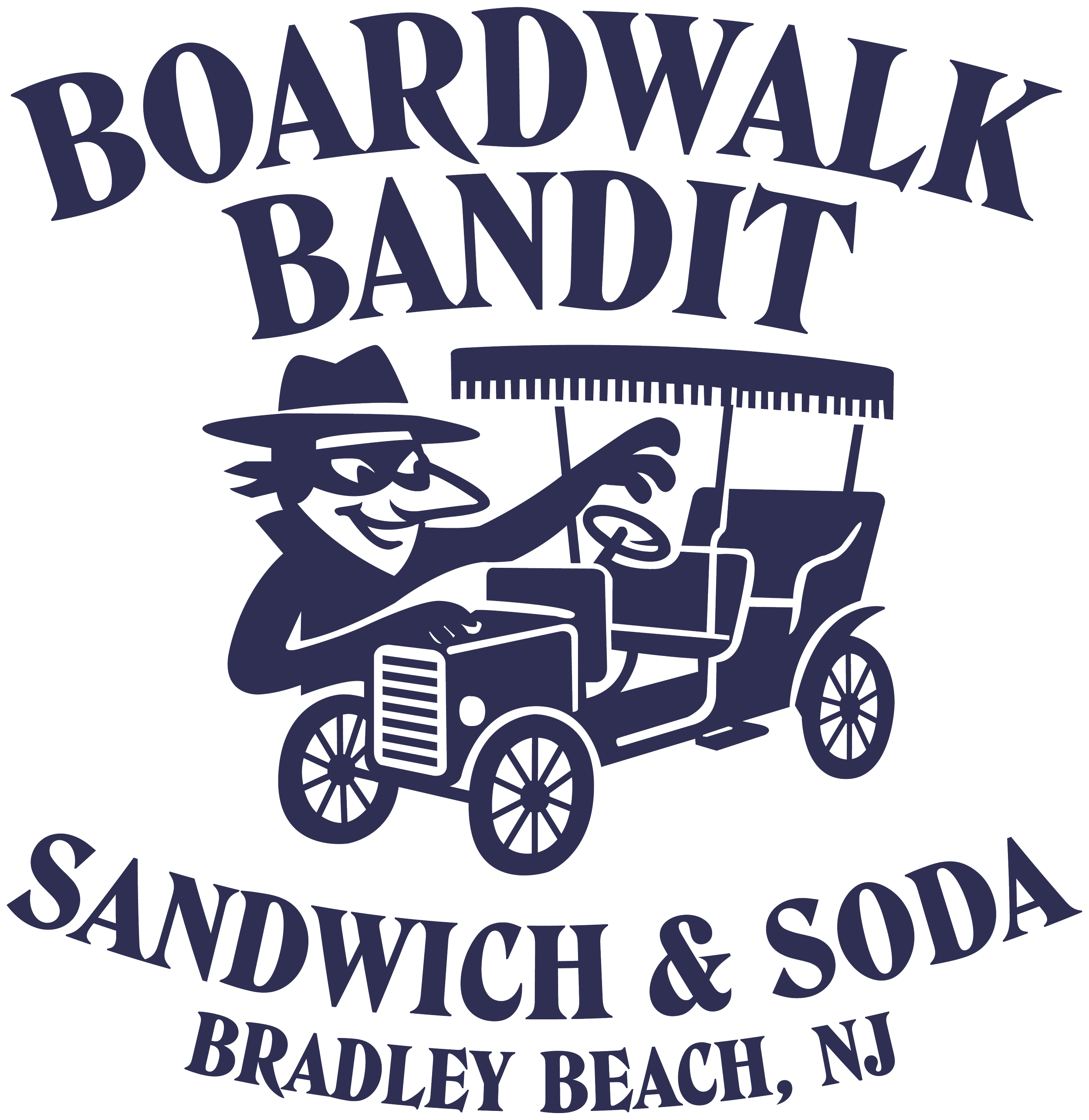 Logo for Boardwalk Bandit Sandwich & Soda featuring a cartoon character with a hat operating a vintage soda fountain cart, with the text "Boardwalk Bandit" above and "Sandwich & Soda Bradley Beach, NJ" below.