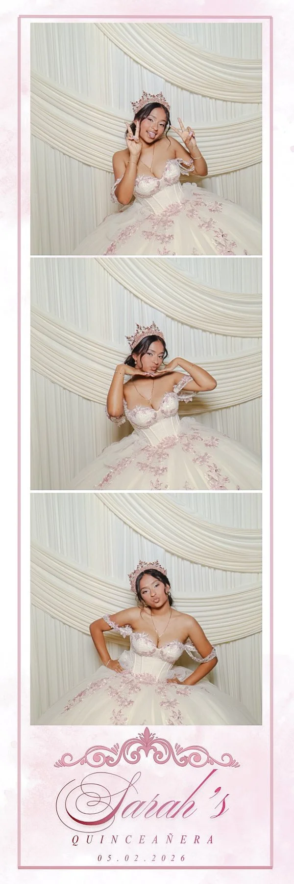 Quinceañera photo strip
“Quinceañera photo booth strip featuring playful poses with an elegant ivory drape backdrop.”