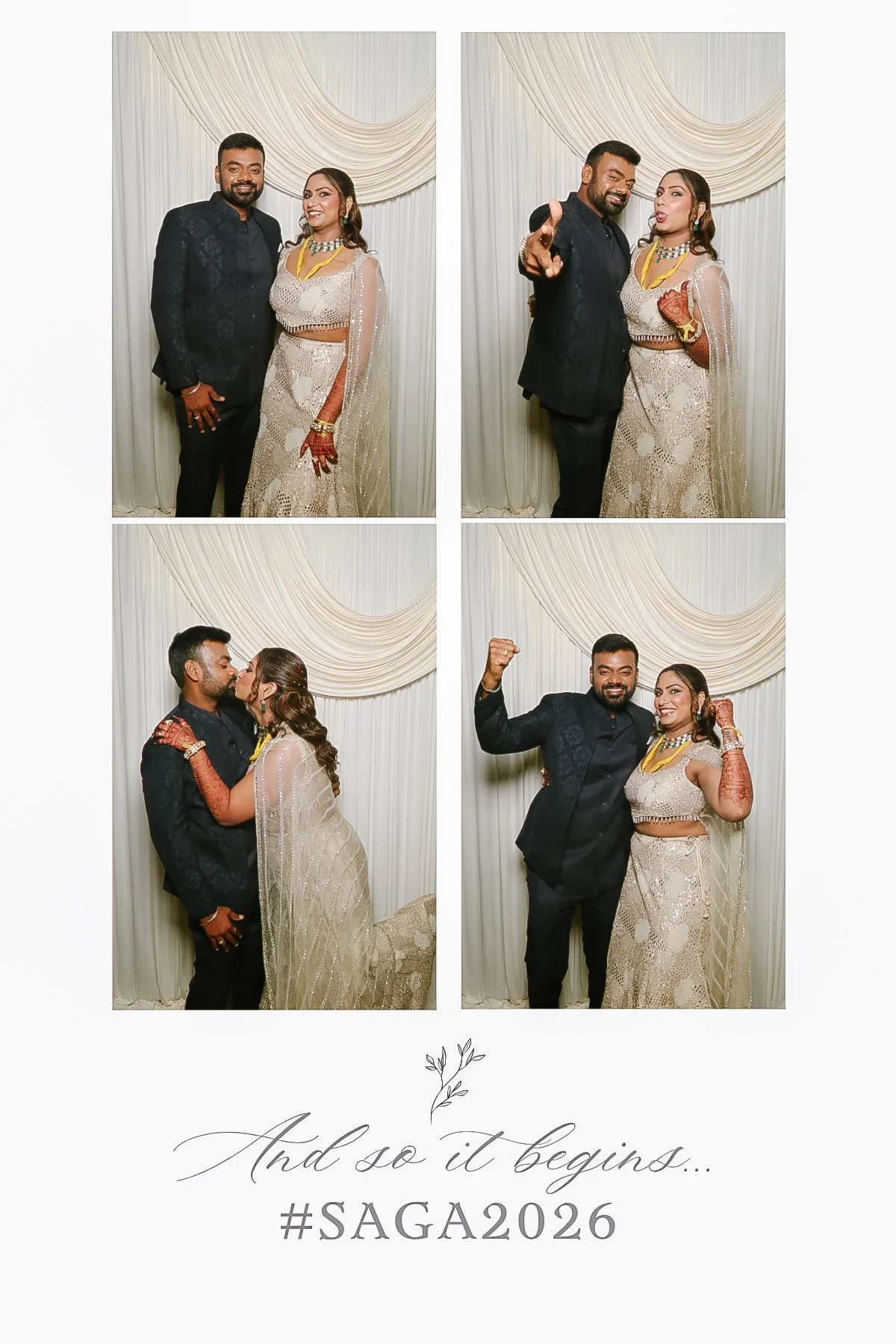 Four-photo wedding keepsake featuring a couple in traditional South Asian attire posing against Bella Photobooth’s ivory drape backdrop.