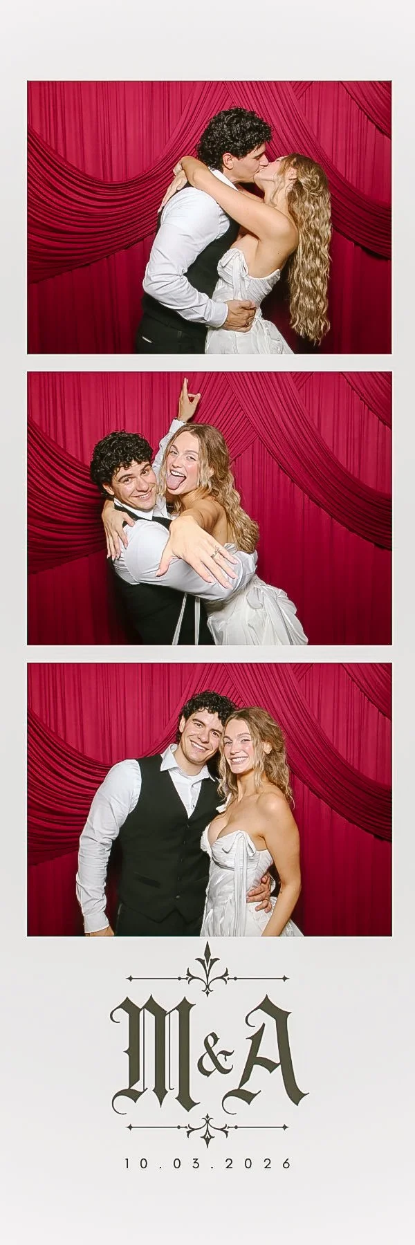 Personalized wedding photo strip featuring three newlywed portraits against a burgundy drape backdrop, finished with a gothic monogram.