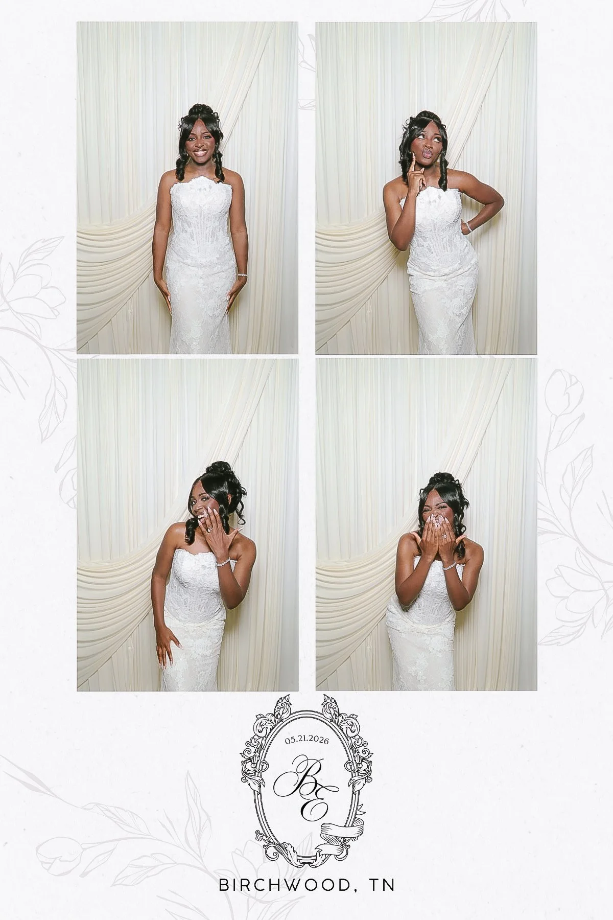 Bride photo strip
“Bride posing in a custom wedding photo booth strip with an ivory drape backdrop by Bella Photobooth.”