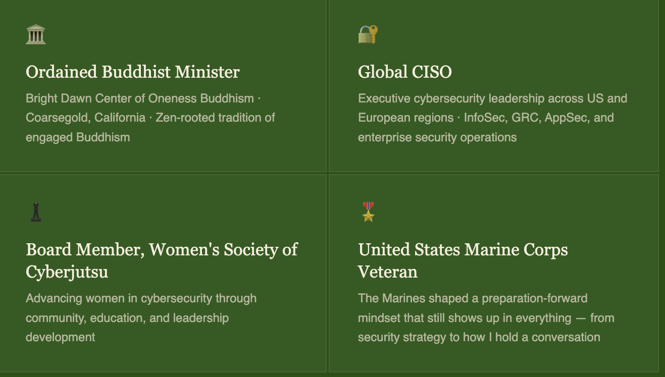Green informational card with six sections, each featuring a small icon and text about different individuals and their achievements or roles in cybersecurity, veterans, or Buddhism.