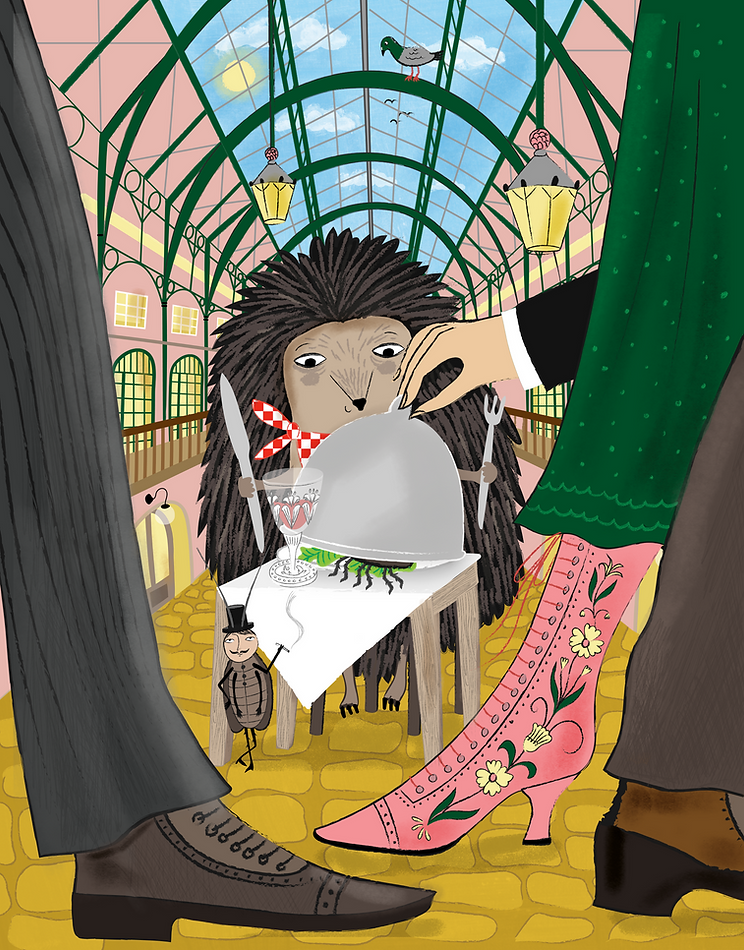 Humorous illustration of a hedgehog dining in Covent Garden by editorial illustrator Stephanie Hofmann