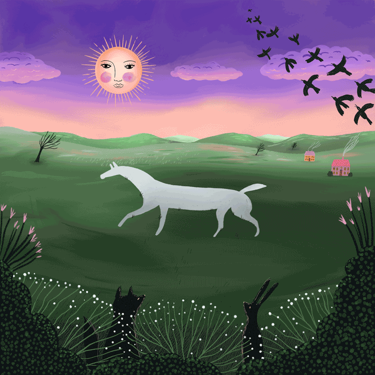 Gif animation of a horse rising in a landscape by motion designer and illustrator Stephanie Hofmann