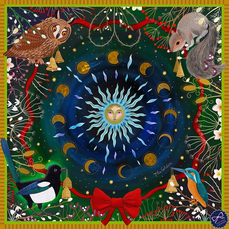 Foliage, woodland animals, sun and moon surface pattern on a dark background by illustrator Stephanie Hofmann