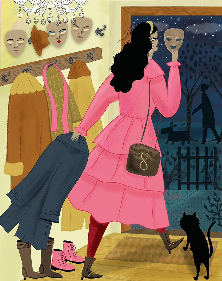 Surreal editorial illustration of girl changing personalities by wearing masks by illustrator Stephanie Hofmann