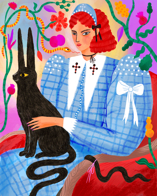 Illustrated surreal gif animation of fashionable girl with pet by illustrator and motion designer Stephanie Hofmann
