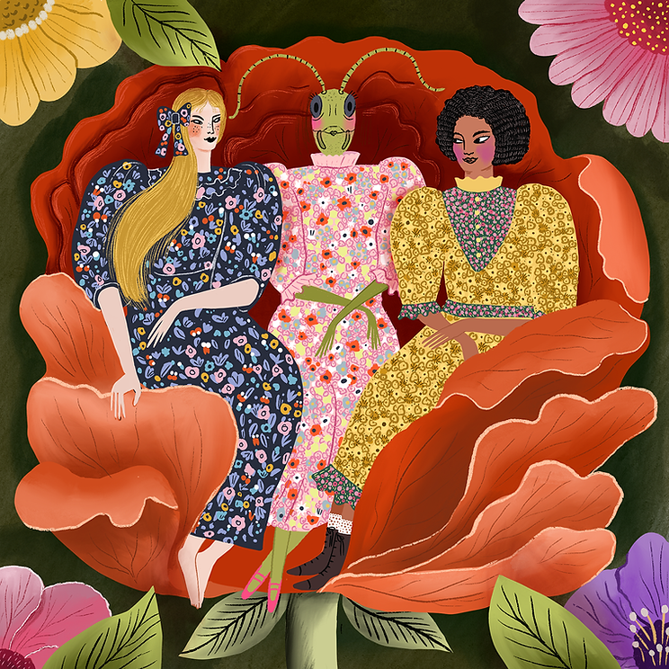 Folktale inspired fashion illustration featuring a girls in prairie dresses sitting inside a flower by illustrator Stephanie Hofmann