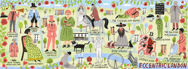 Humorous illustrated map of London eccentrics by editorial illustrator Stephanie Hofmann