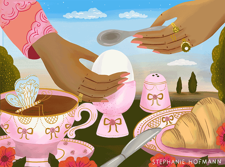 Lifestyle editorial gif of a breakfast in a landscape by editorial illustrator and motion designer Stephanie Hofmann