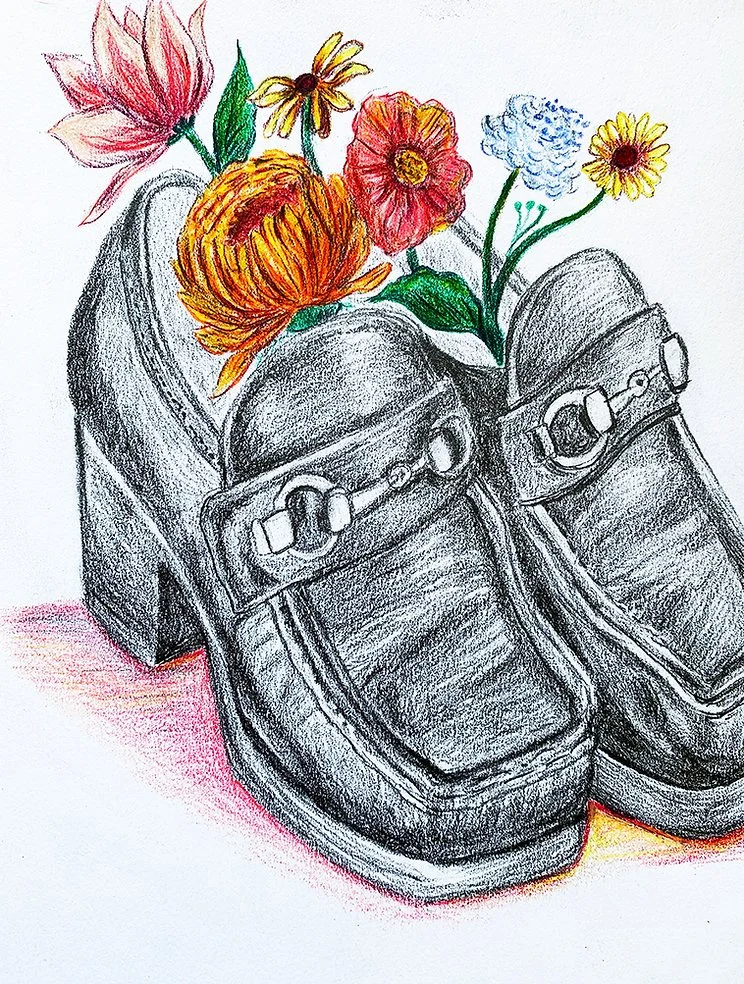 Illustration of a fashionable pair of loafers in pencil and coloured pencils