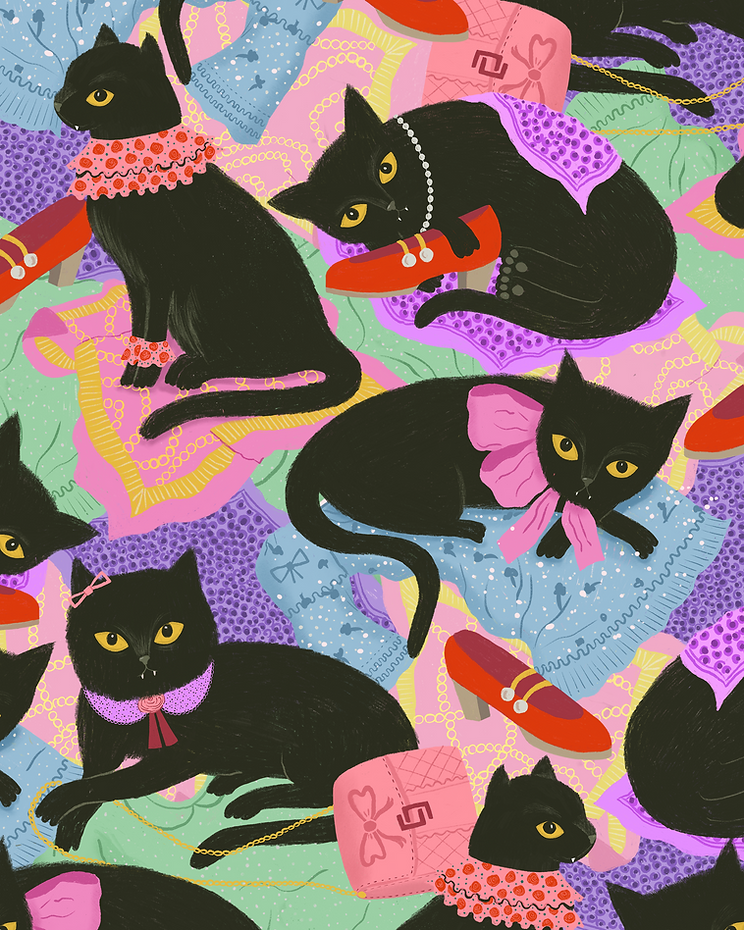 Fashionable cats on dresses surface pattern by illustrator Stephanie Hofmann