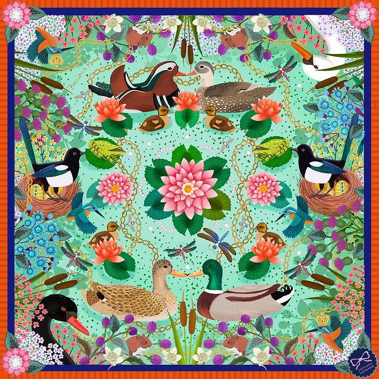 Illustrated scarf surface pattern of a pond scene with ducks, kingfishers and lily pads by illustrator Stephanie Hofmann