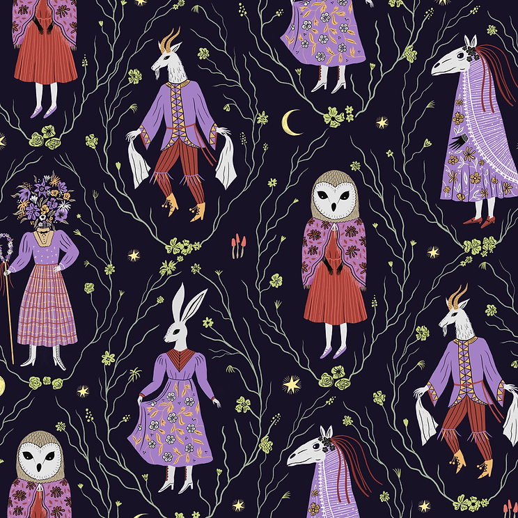 Illustrated halloween folk horror surface pattern by illustrator Stephanie Hofmann