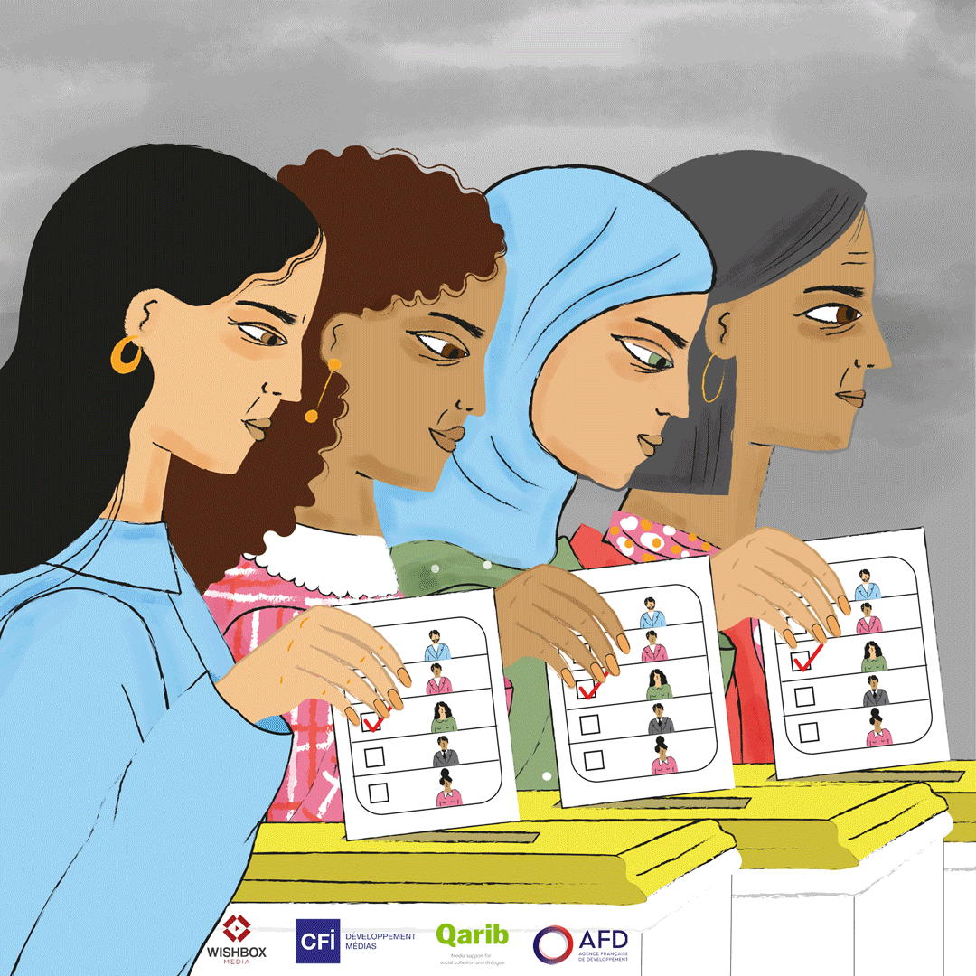 Illustrated gif animation of multicultural women raising their fists and voting by illustrator and motion designer Stephanie Hofmann