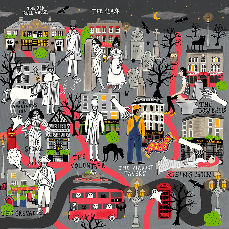 Illustrated map of haunted London pubs by illustrator Stephanie Hofmann