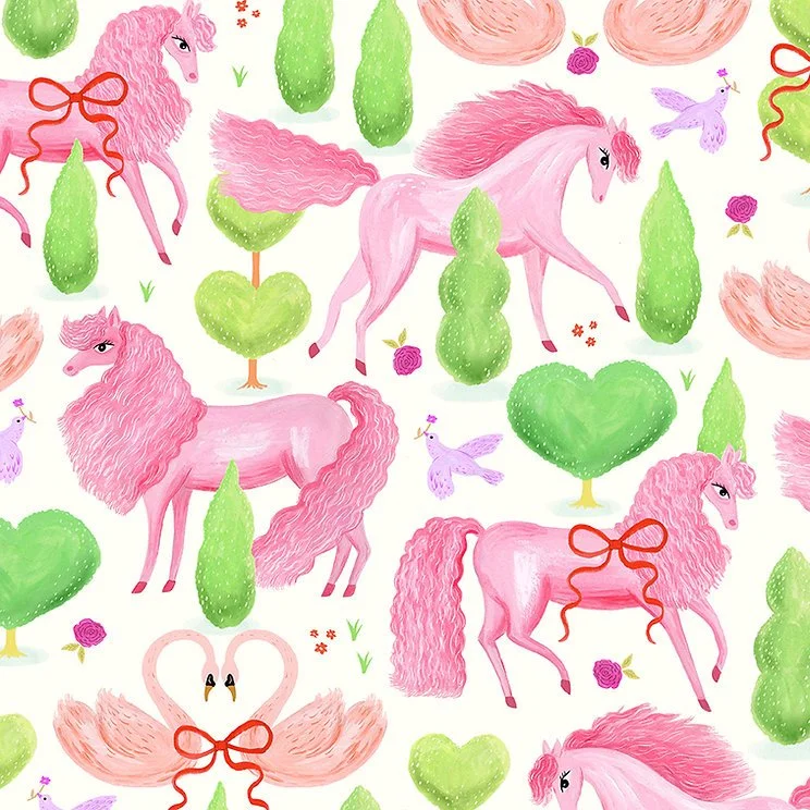 Girly pink horses and topiary surface pattern by illustrator Stephanie Hofmann