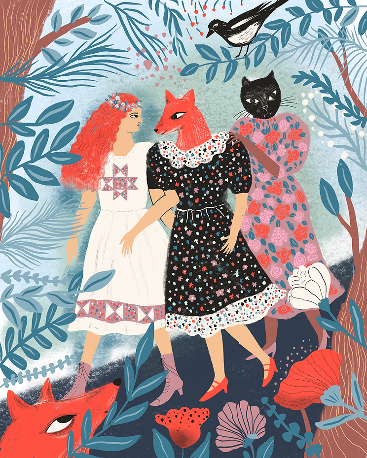 Folk inspired fashion illustration of girls and a cat in prairie dresses by illustrator Stephanie Hofmann